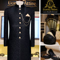Black sherwani full package made with self printed jamawar fabric