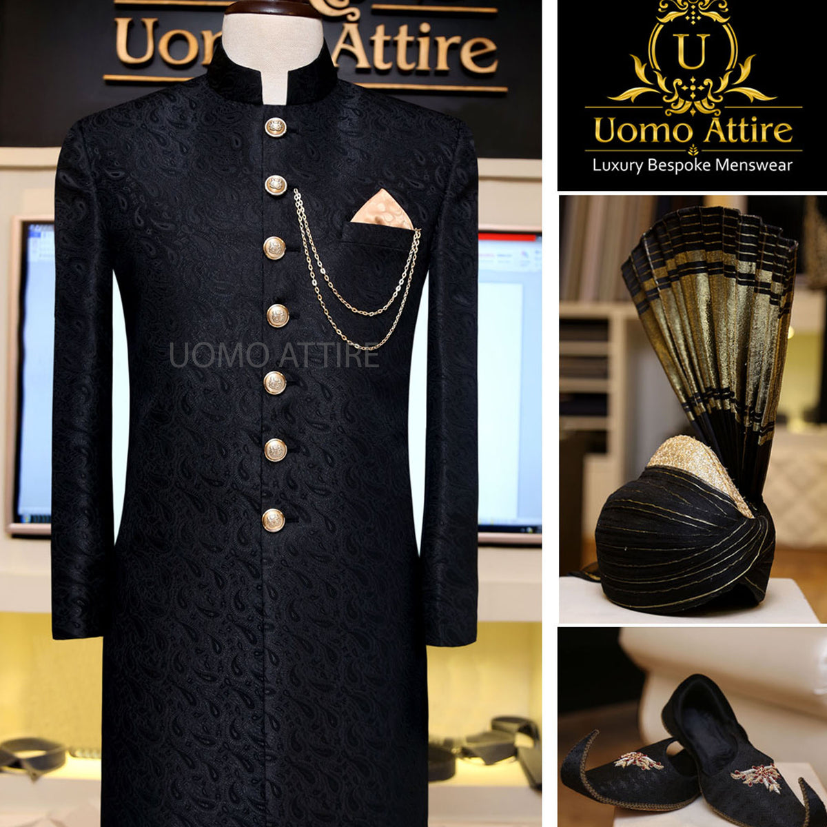 Ensemble complet sherwani noir fabriqué avec du tissu jamawar auto-imprimé 