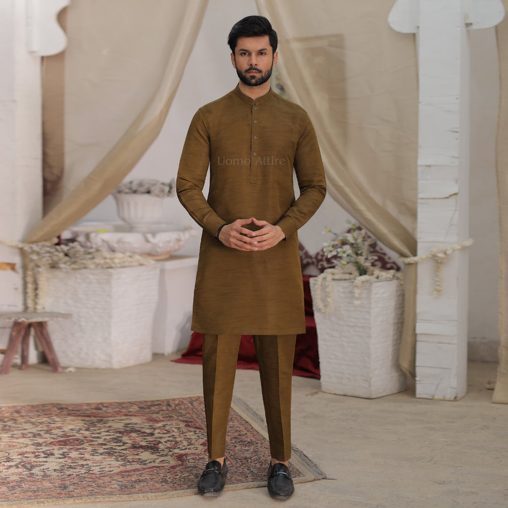 Mehendi Colour Raw Silk Kurta Pajama for Mens