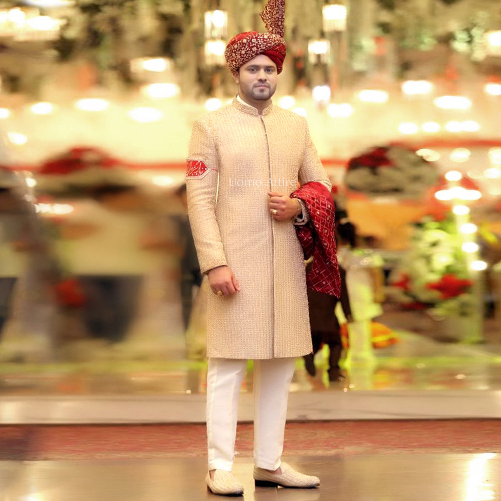 Luxury Custom-Made Beige Sherwani for Groom with Full Embellishments and Maroon Turban