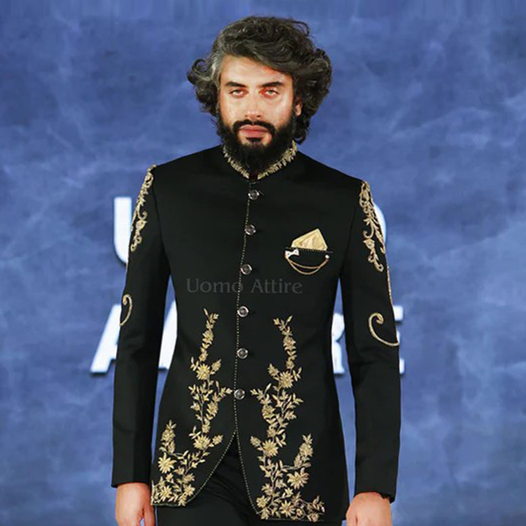 Black Prince Coat with Intricate Golden Embellishments - Perfect for Weddings