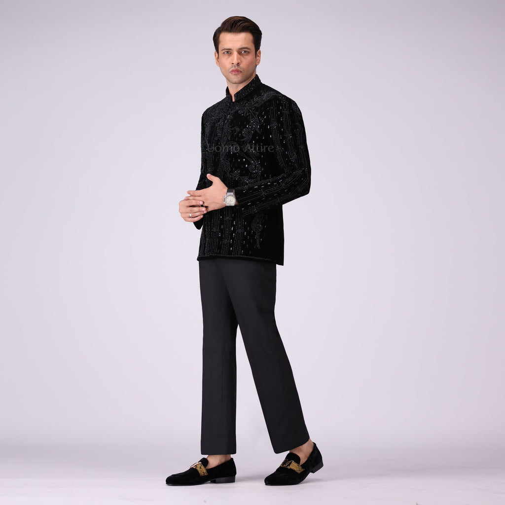 Opulent Black Velvet Prince Two Piece Suit With Intricate Embellishments