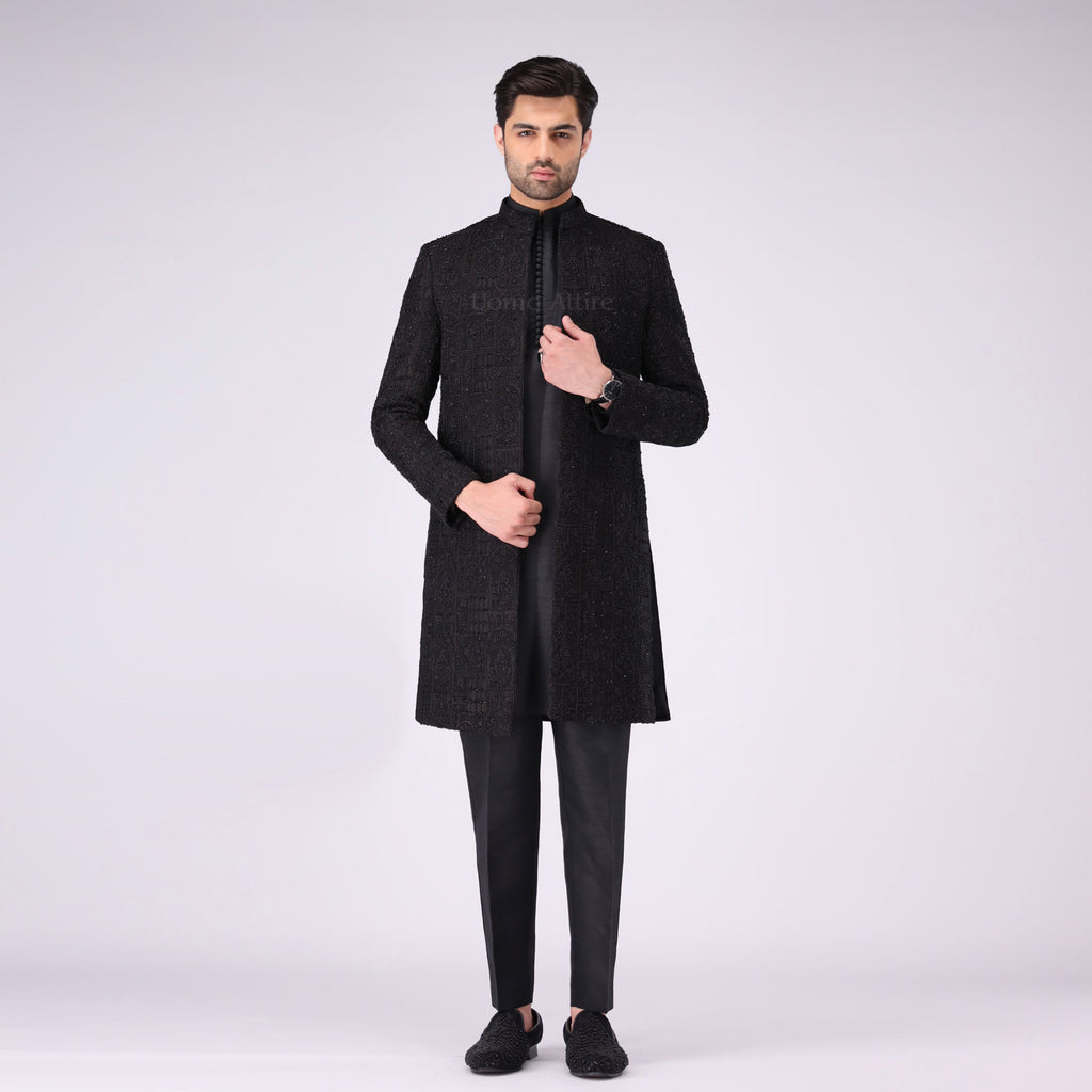 Majestic Open Front Black Sherwani  For Groom With Fully Embilshment