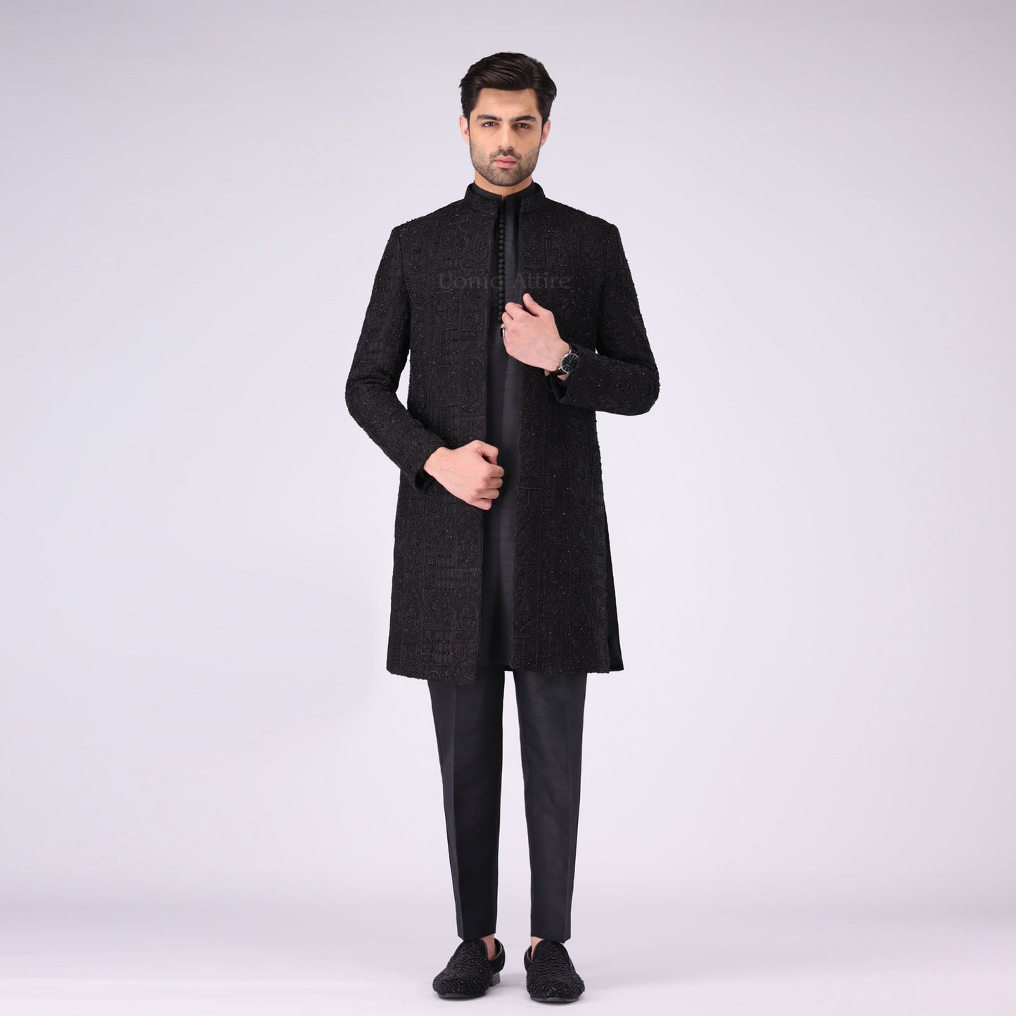 
                  
                    Majestic Open Front Black Sherwani  For Groom With Fully Embilshment
                  
                