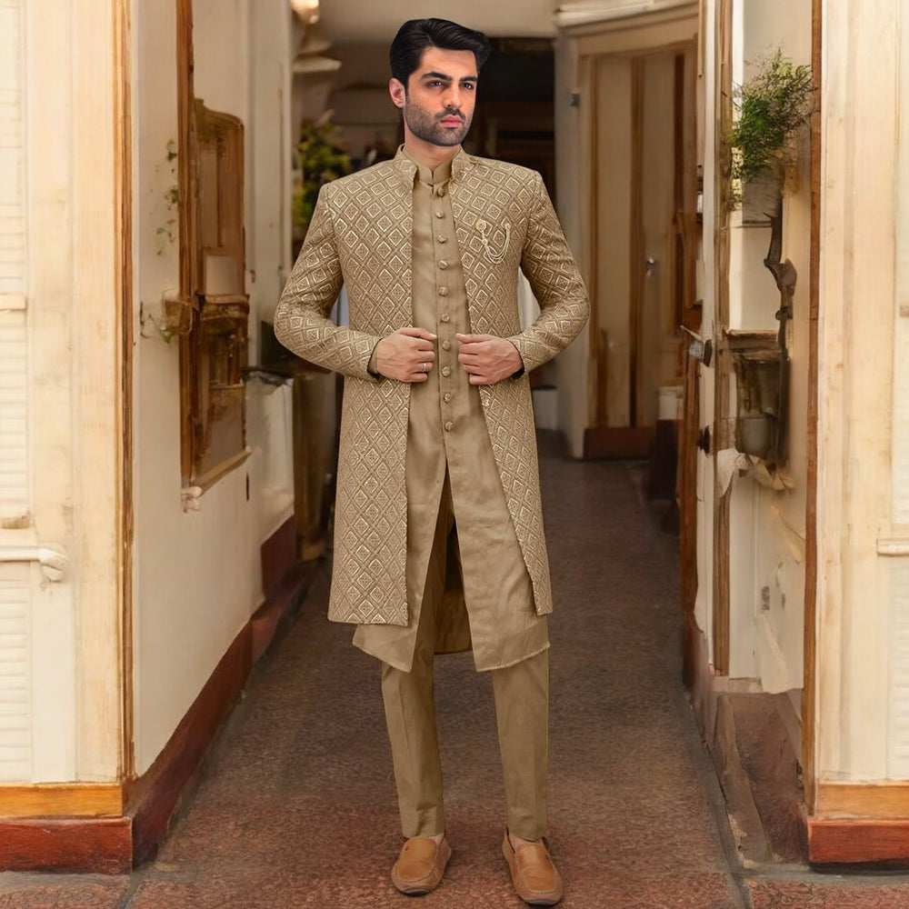 Exquisite Embroidered Open-Front Sherwani with Matching Korien Raw Silk Kurta-Pajama Set