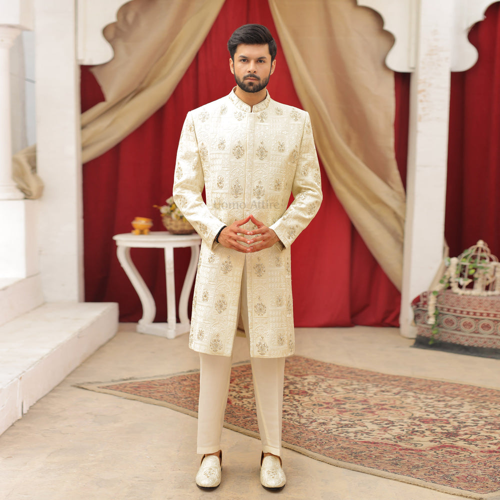 Luxurious Cream and Gold Embroidered Sherwani Ensemble for the Groom