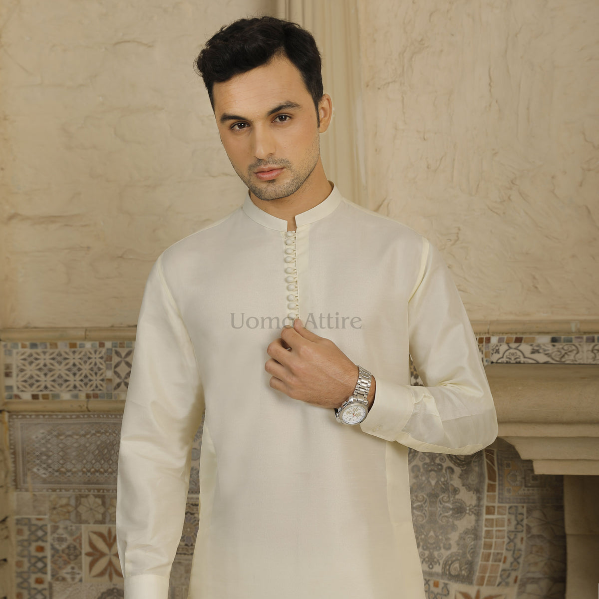 Luxurious Off White Raw Silk Kurta and Pajama for Groom with Loops Button