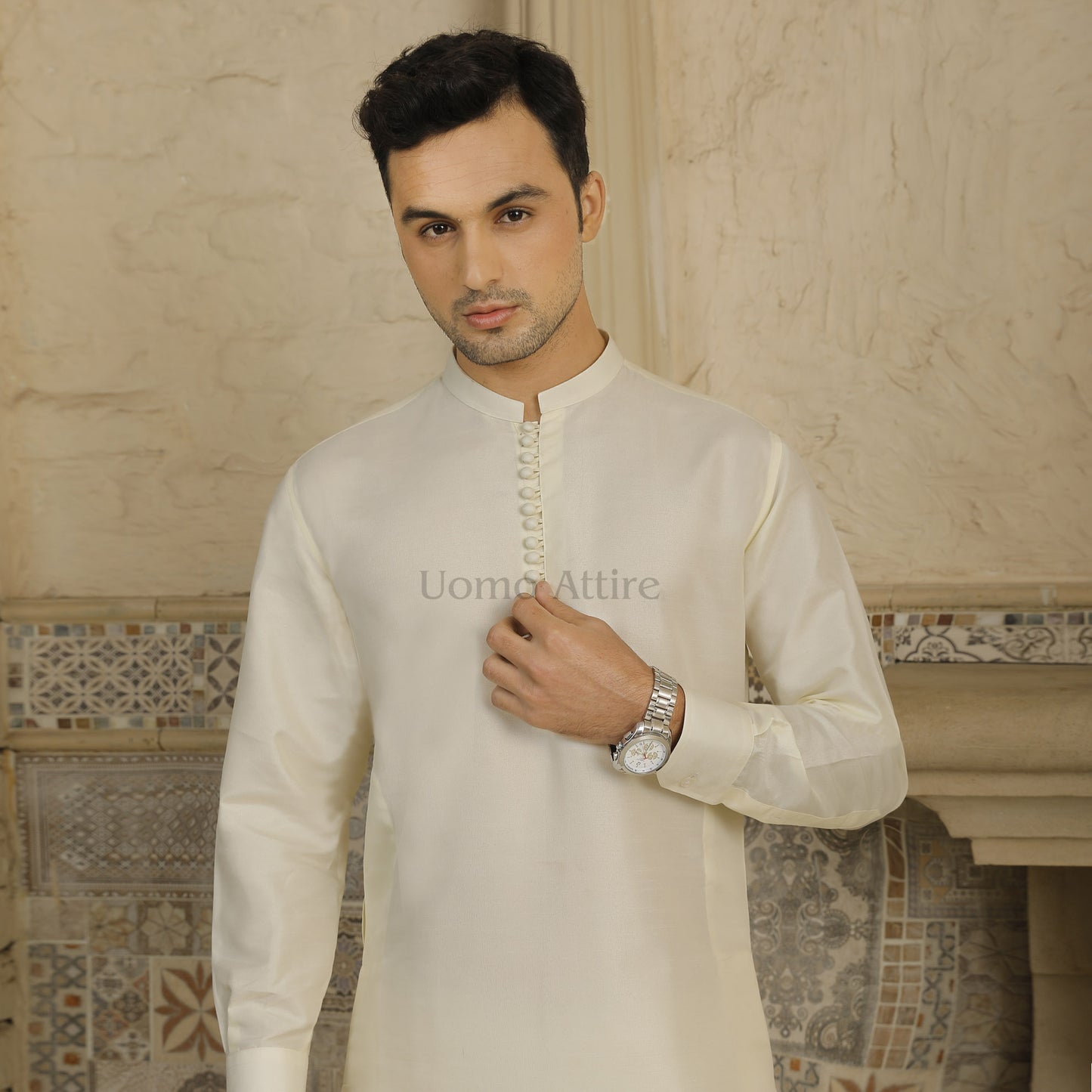 
                  
                    Luxurious Off White Raw Silk Kurta and Pajama for Groom with Loops Button
                  
                