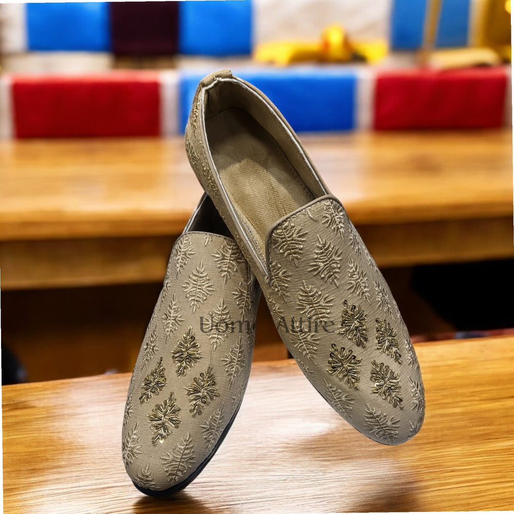 Luxurious Ivory Gold Customize Shoes for Groom With Emblishment