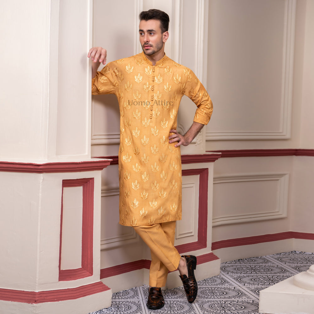 Luxurious Flower-Embroidered Kurta Pajama for Groom