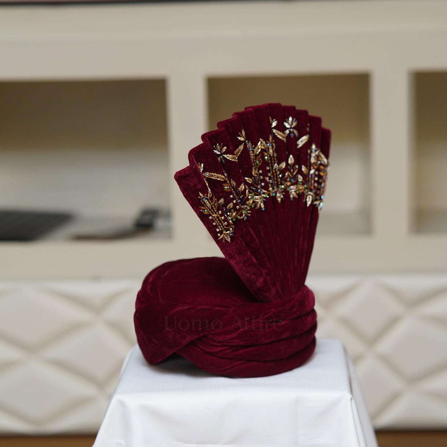 
                  
                    Custom Made Velvet Maroon Turban for Groom with Golden Hand Embellishment
                  
                