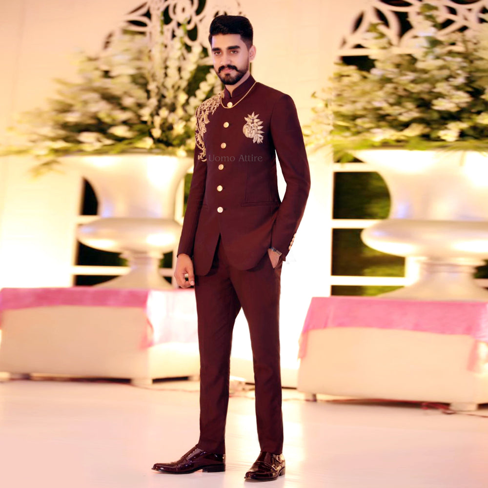 luxury Maroon Prince Two-Piece Suit for Grooms with Golden Flower Embellishments