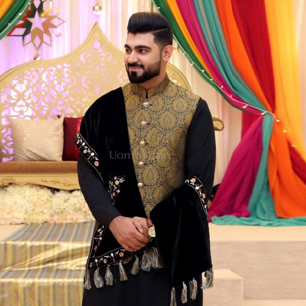 Luxurious Indian Imported Jamawar Waistcoat for Groom And  Black Embellished Shawl