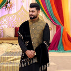 Luxurious Indian Imported Jamawar Waistcoat for Groom And  Black Embellished Shawl