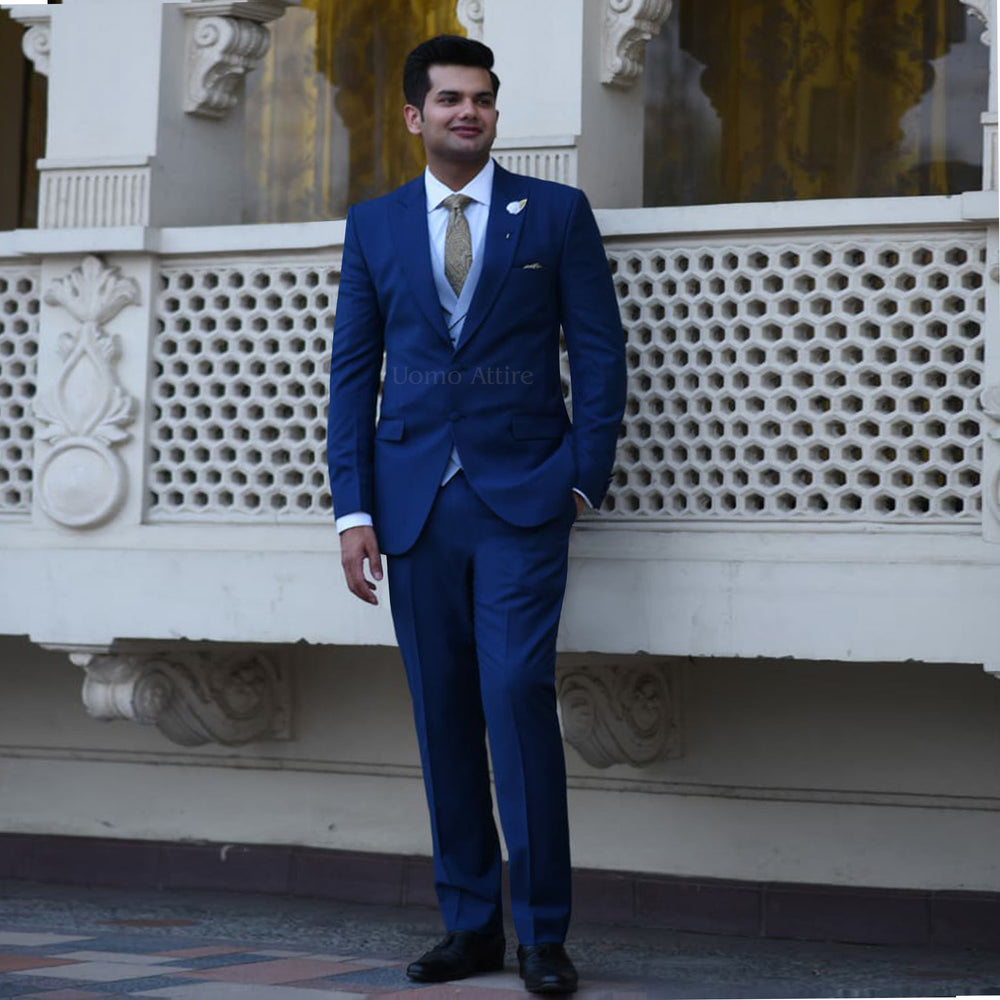 Royal Blue Blue Coat Pant With Turban Luxurious Royal Blue Three