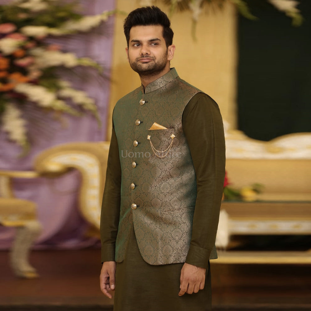 Luxury Indian Imported Self Jama War Customized Waistcoat for