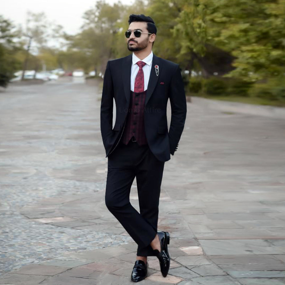 Luxury Black Customized Three-Piece Suit For Men with Contrasting Maroon Checkered Waistcoat