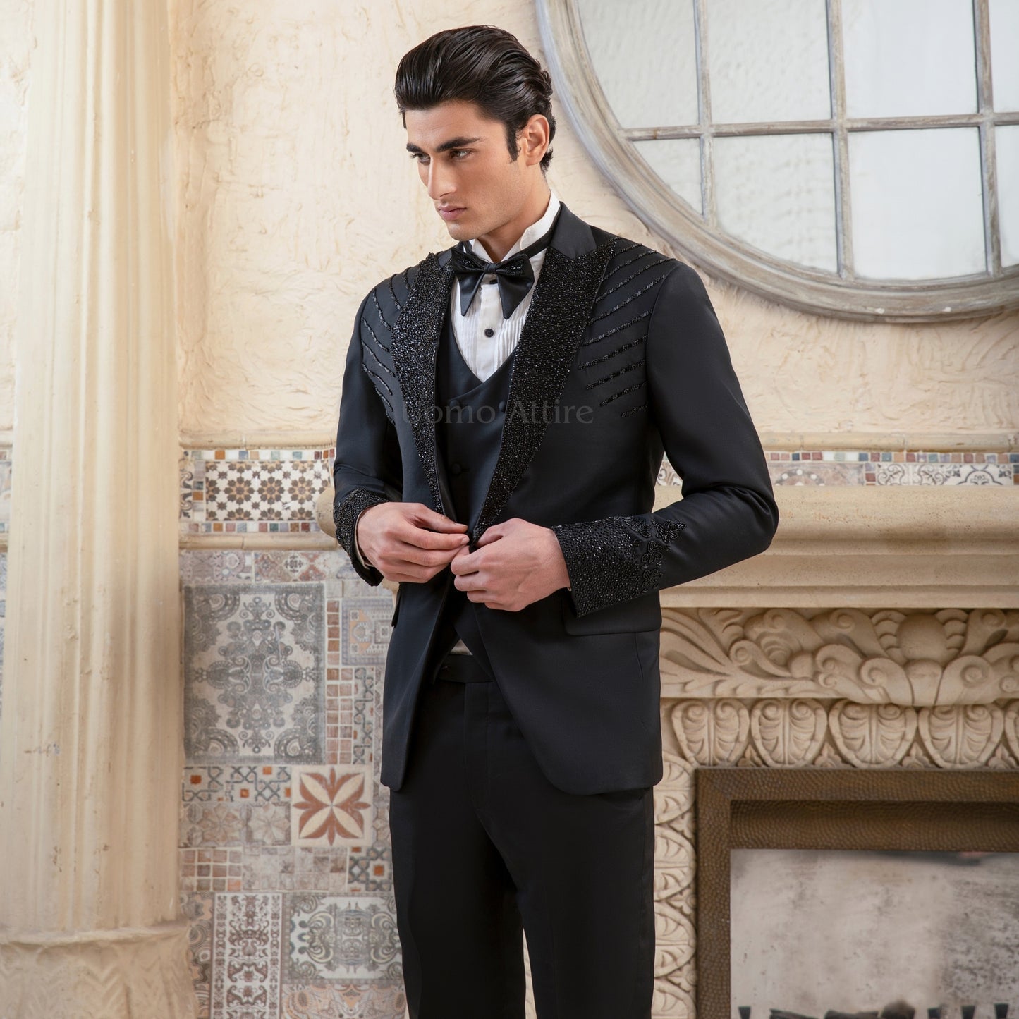 
                  
                    Luxurious Customized Jet Black Tuxedo for Groom with Embellished Shawl, Shoulders, and Cuffs
                  
                