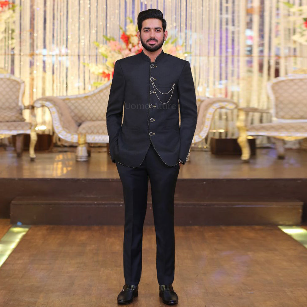 Custom Made Black Prince Two-Piece Suit with Intricate Silver Pickstitching for Men