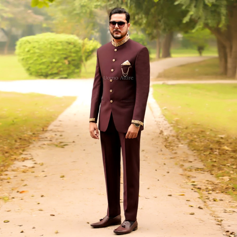 Luxurious Maroon Prince Two-Piece Suit for Men with Golden Embellishments