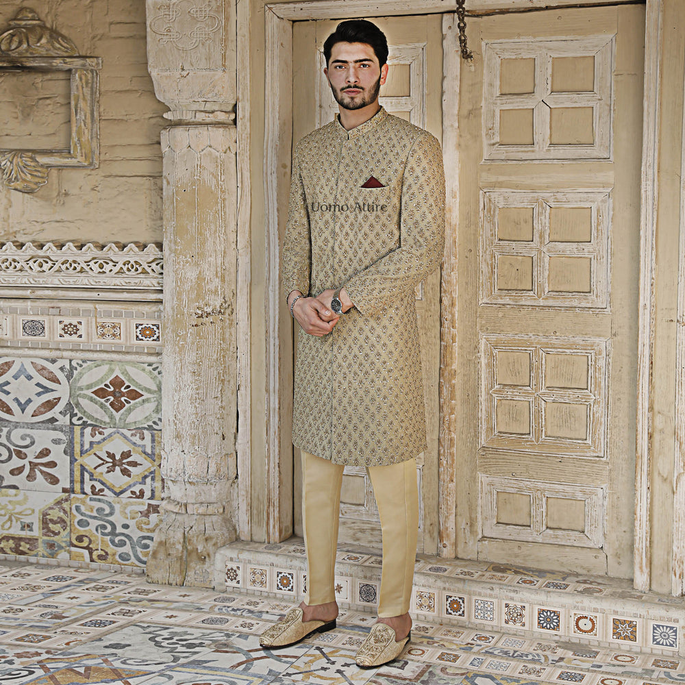 
                  
                    Exquisite Custom Ivory Gold Sherwani  For Groom with Golden Embellishments
                  
                