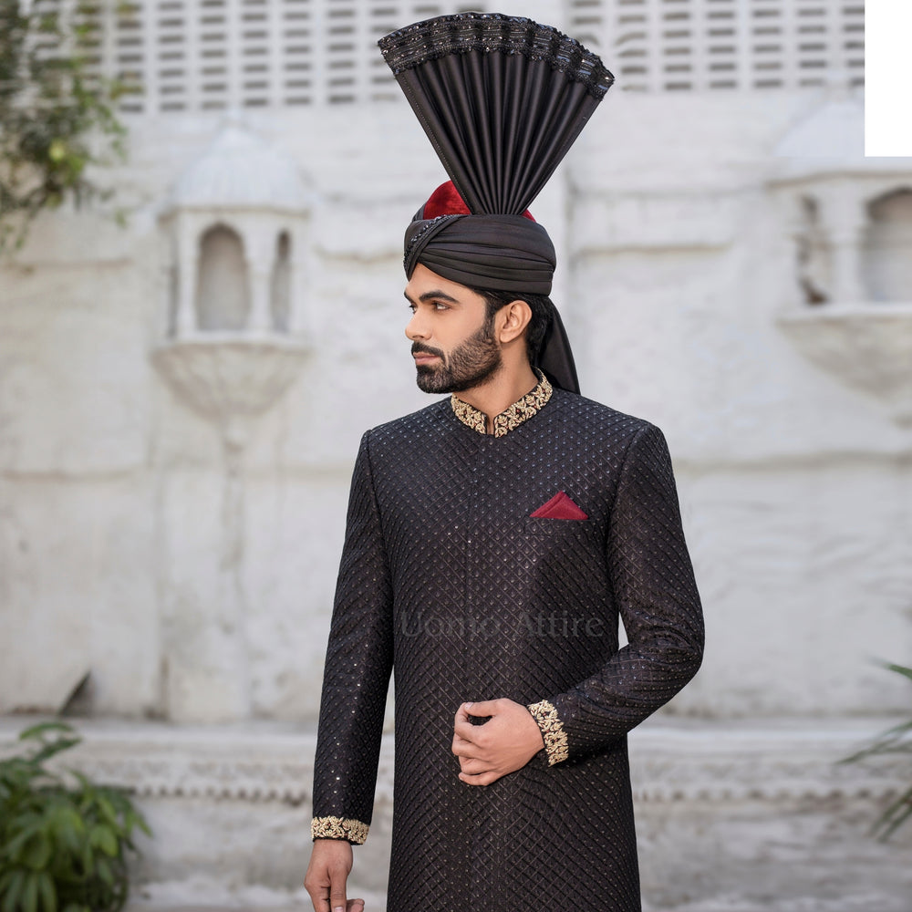 
                  
                    Regal Jet Black Sherwani for Groom A Perfect Blend of Elegance and Royalty
                  
                