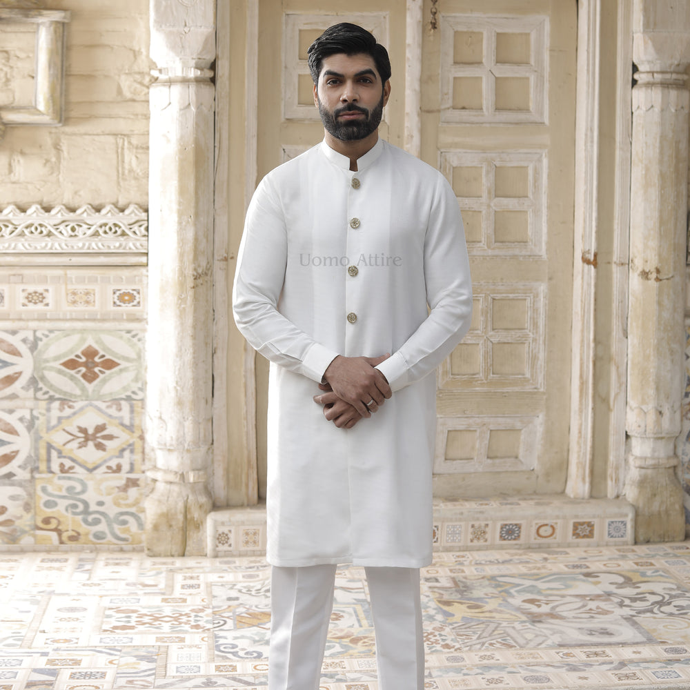 Elegant White Sherwani-Style Kurta Pajama for the Modern Groom