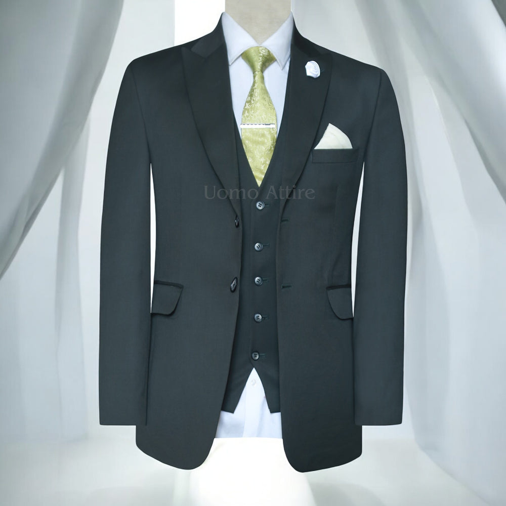 
                  
                    Charcoal Grey Peak Lapel Three-Piece Suit Perfectly Tailored for Grooms
                  
                