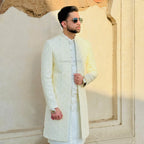 Off-White Sequin Thread Embroidered Sherwani with Sherwani-Style Kurta