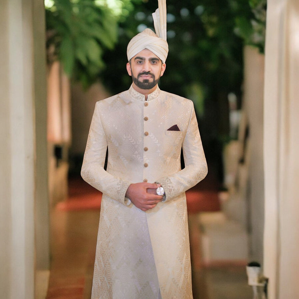 Exquisite Krandi Fabric Sherwani with Luxurious Golden Brass Button Closure