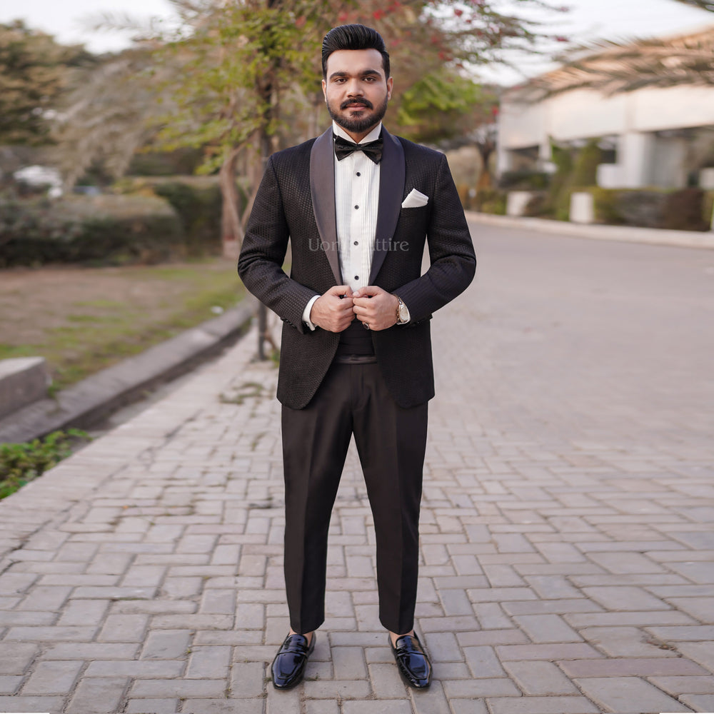 Luxurious Embroidered Fabric Black Tuxedo For Mens with Traditional Shawl Lapel