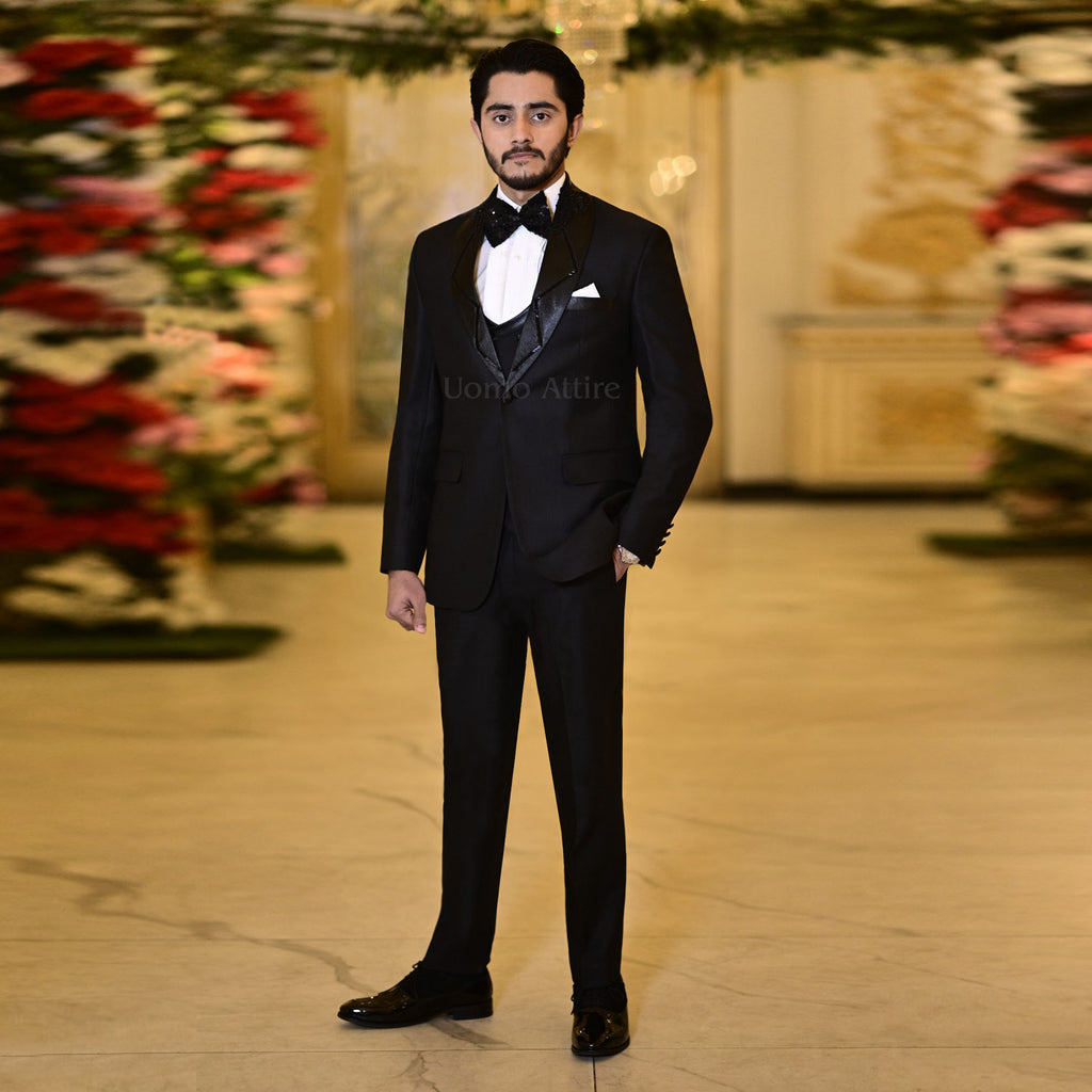 Luxury Italian Black Tuxedo with Embellished Shawl Lapel and Double-Breasted Waistcoat
