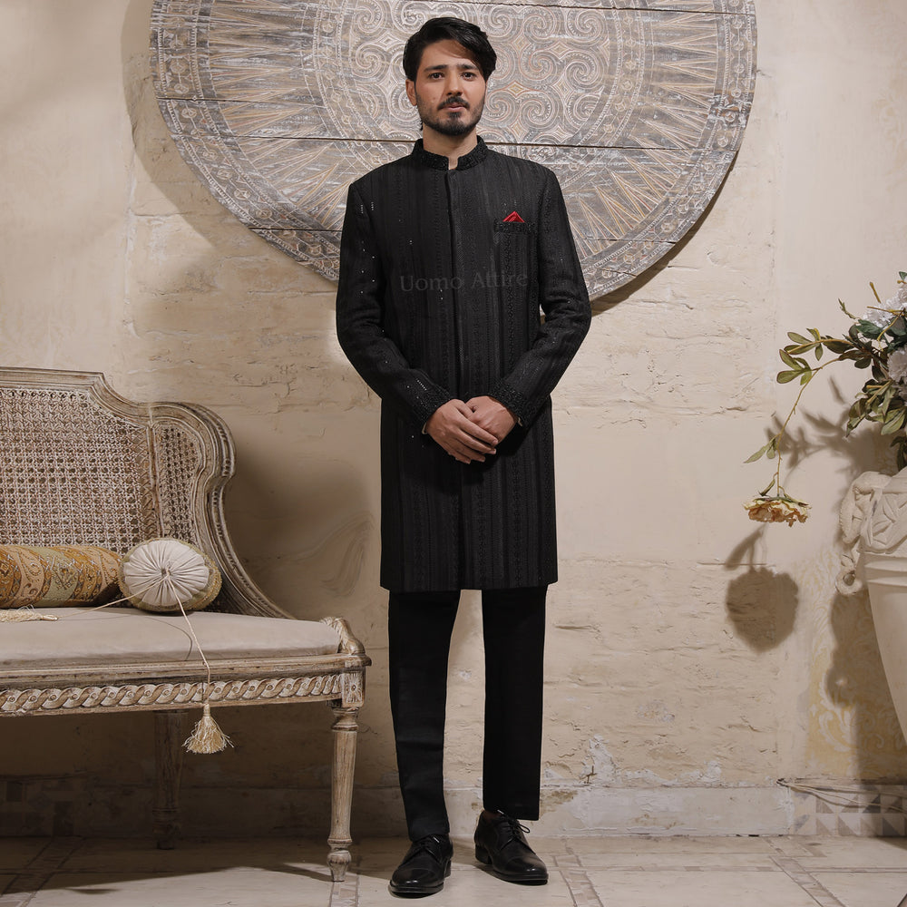 Luxurious Jet Black Embroidered Sherwani for Groom