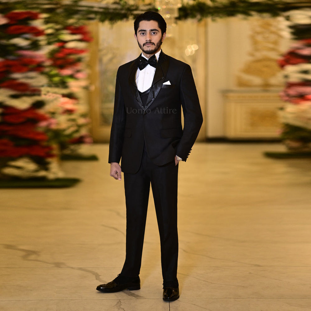 Luxury Italian Black Tuxedo with Embellished Shawl Lapel and Double-Breasted Waistcoat