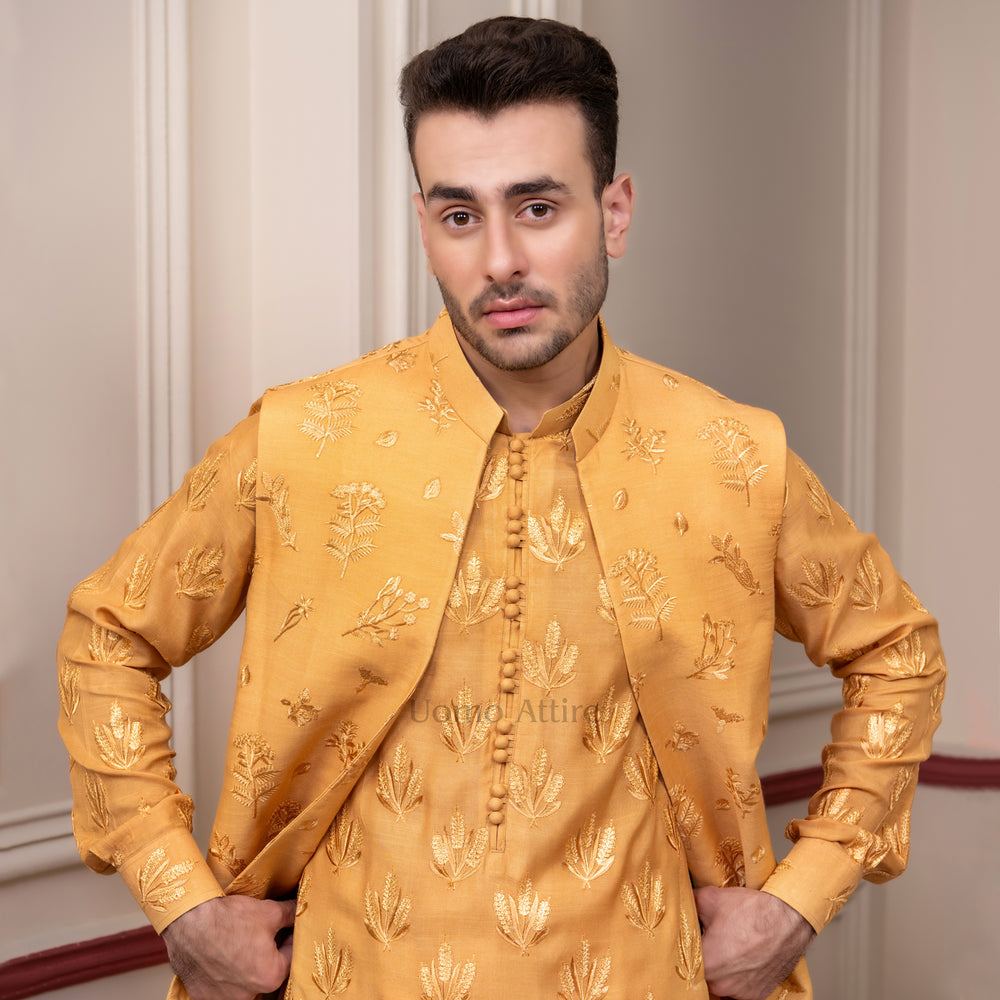 Elegant Mustard Yellow Kurta and Waistcoat Set | Uomo Attire Elegant Mustard Yellow Kurta and Waistcoat Set | Uomo Attire