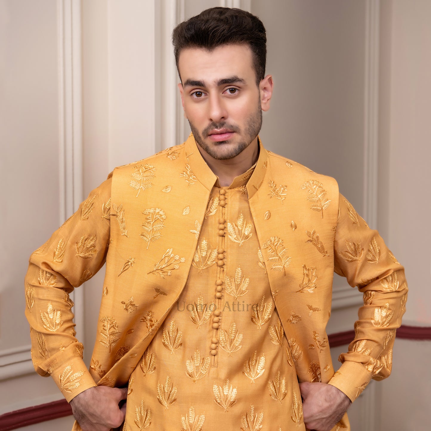 
                  
                    Elegant Mustard Yellow Waistcoat and Kurta with Intricate Embroidery
                  
                