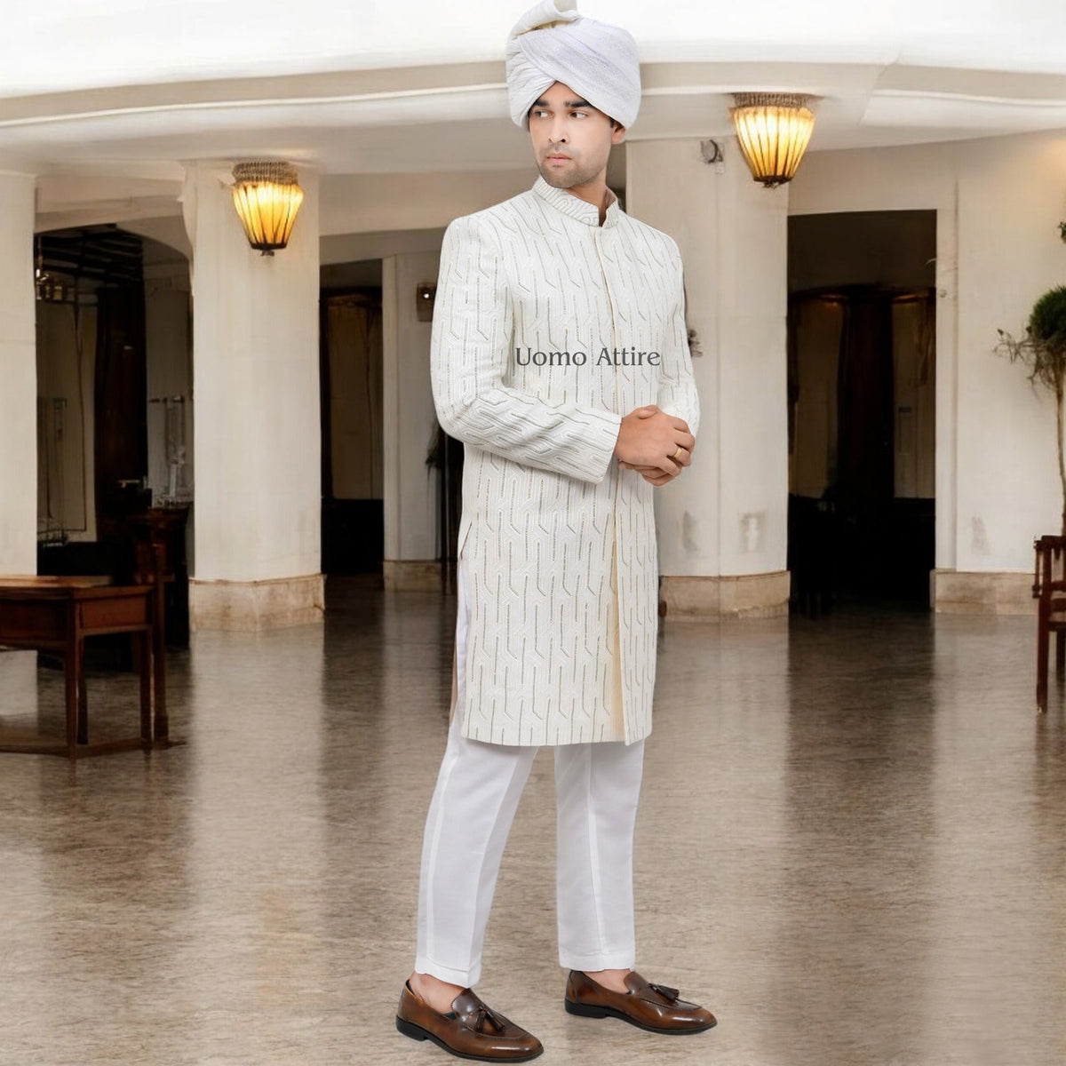 Luxurious White Sherwani for Groom with Silver Embellishments – Elegant Traditional Attire