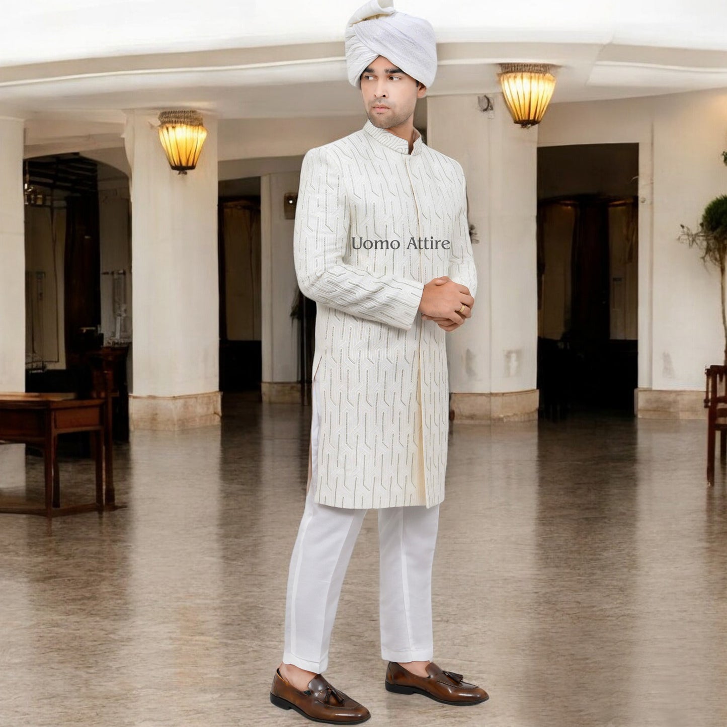 
                  
                    Luxurious White Sherwani for Groom with Silver Embellishments – Elegant Traditional Attire
                  
                