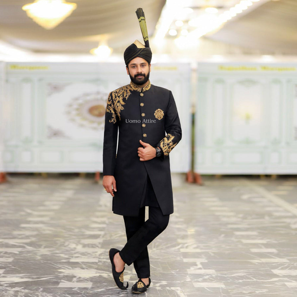 Luxury Black Sherwani for Groom with Golden Floral Embroidery Uomo Attire