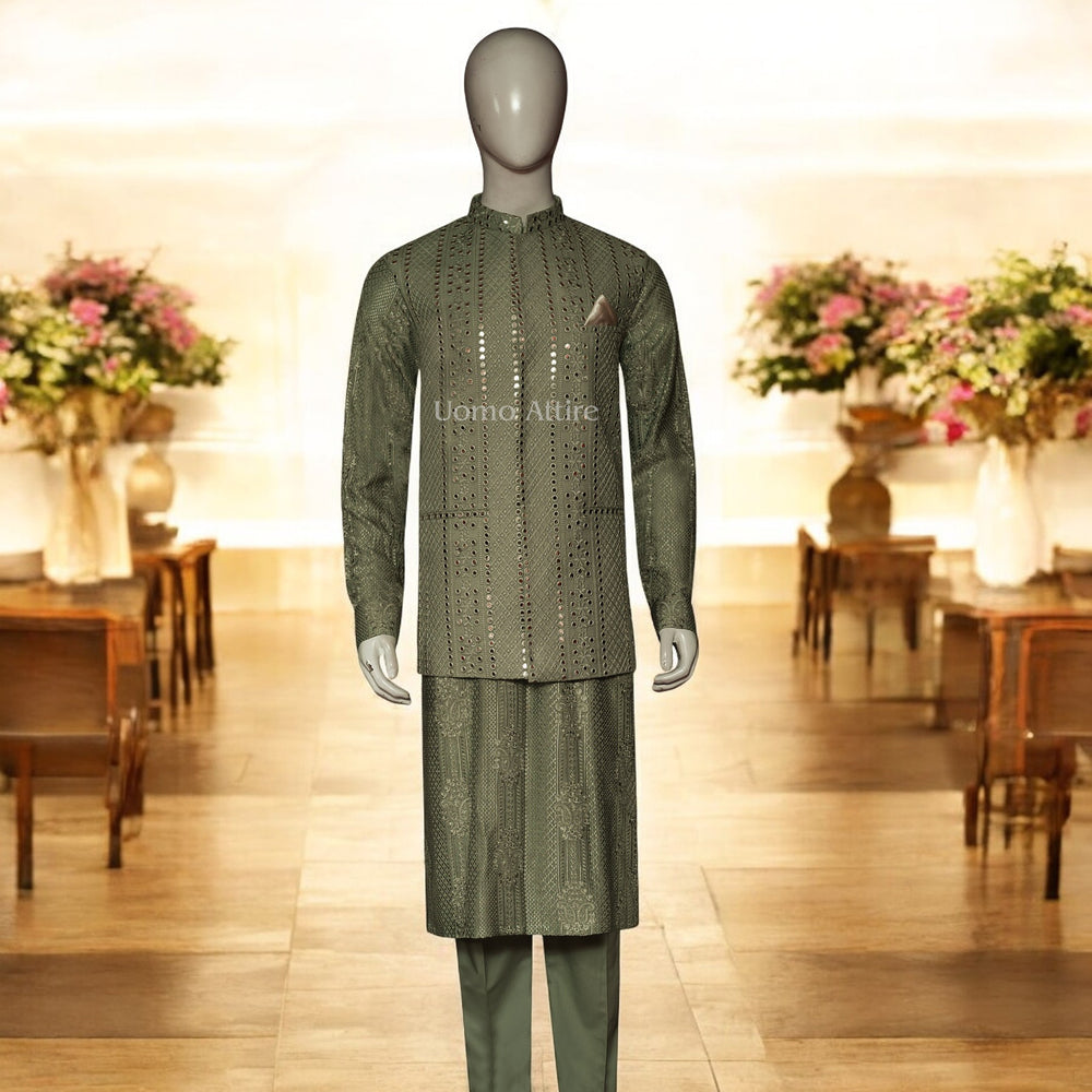 
                  
                    Elegant Olive Green Embroidered Waistcoat with Matching Kurta and Pajama Set
                  
                