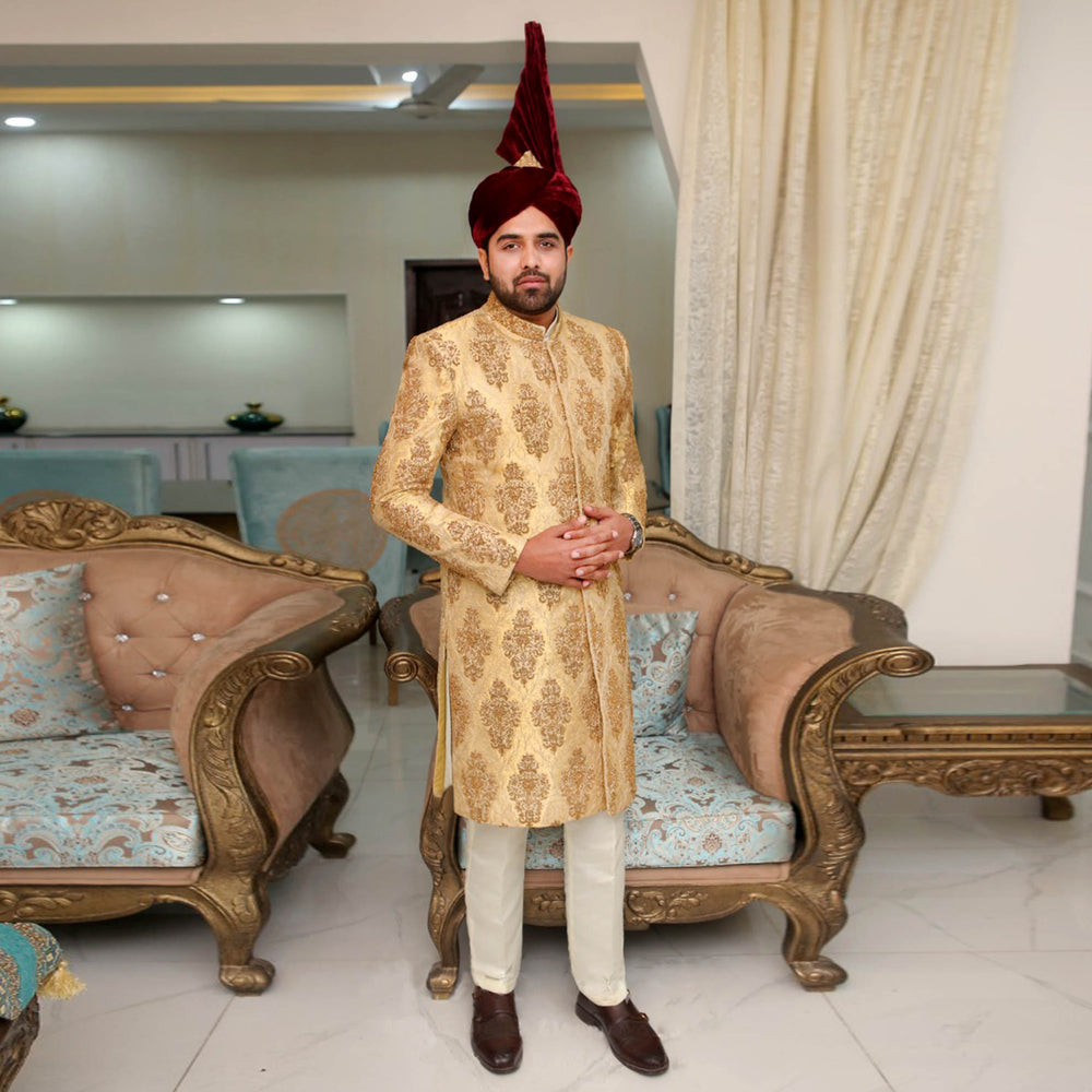 Luxurious Golden Brocade Sherwani with Maroon Velvet Turban