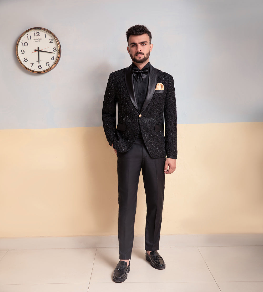 Men's Luxury Hand-Embroidered Black Tuxedo with Floral Paisley Detailing