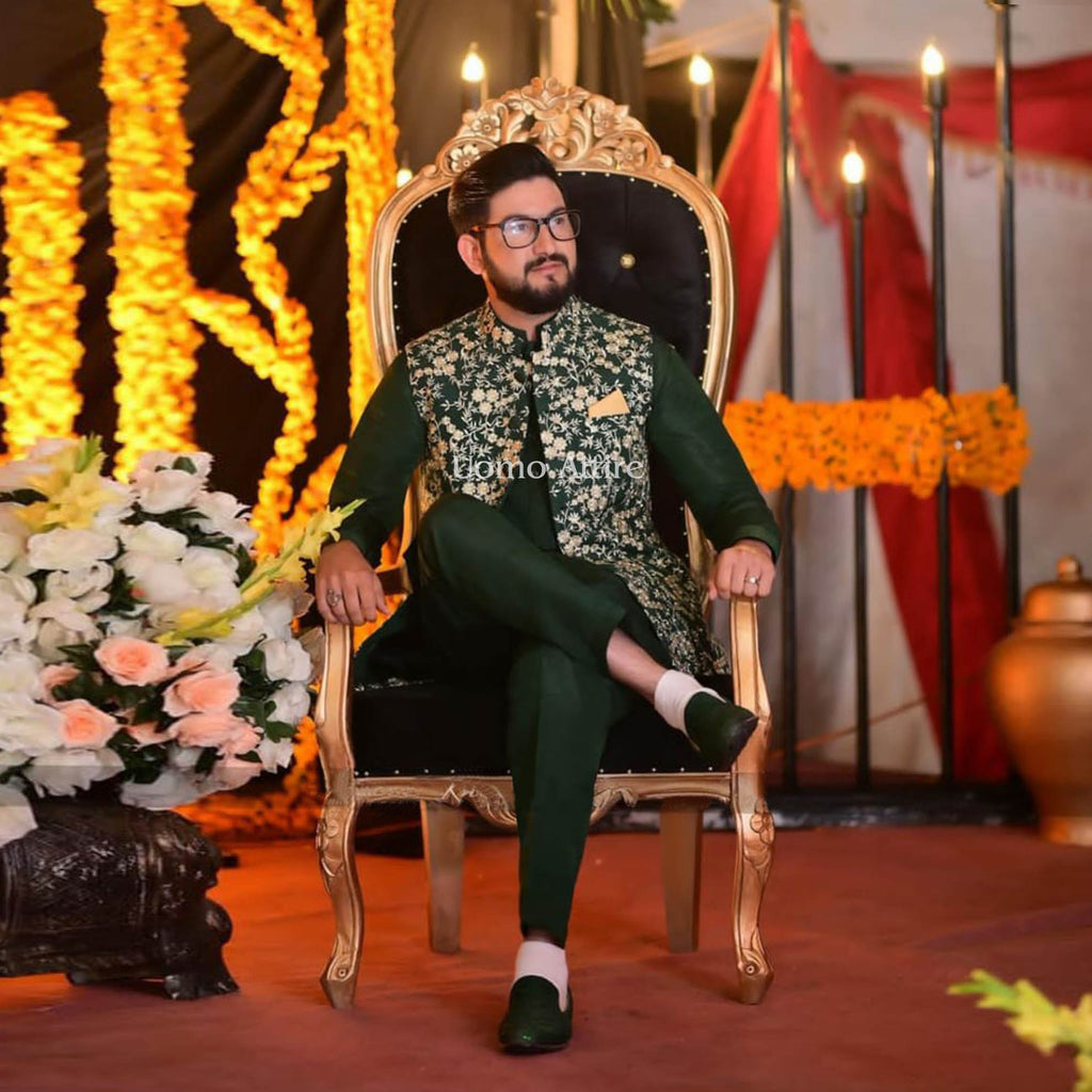 Designer Mehndi Waistcoat with Golden Embroidery & Premium Raw Silk Kurta Pajama