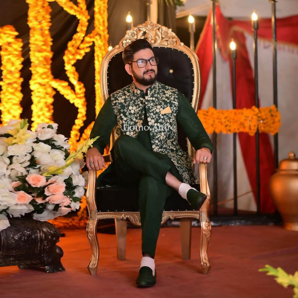 Designer Mehndi Waistcoat with Golden Embroidery & Premium Raw Silk Kurta Pajama