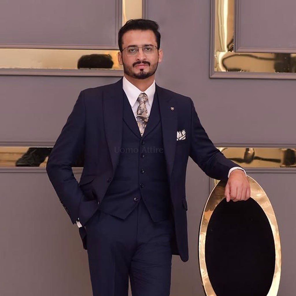 Luxurious Navy Blue Italian Wool 3-Piece Suit with Jamawar Tie