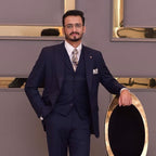 Luxurious Navy Blue Italian Wool 3-Piece Suit with Jamawar Tie