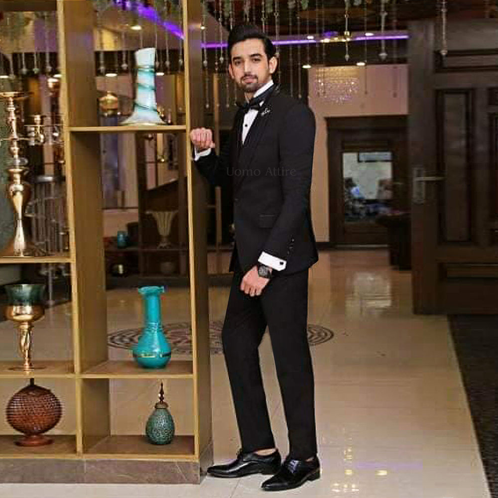 Luxury Black Tuxedo with Satin Lapel and Double-Breasted Waistcoat