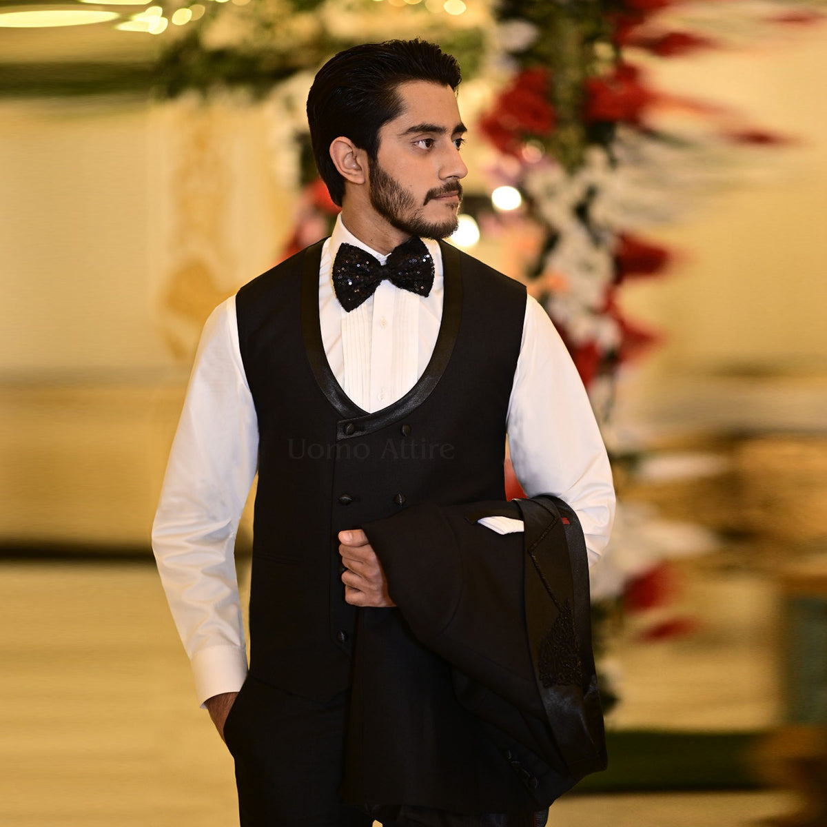 Luxury Italian Black Tuxedo with Embellished Shawl Lapel and Double-Breasted Waistcoat
