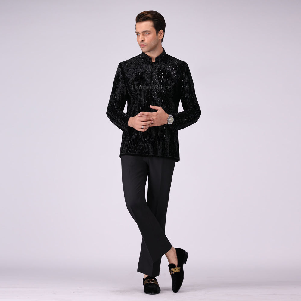 Opulent Black Velvet Prince Two Piece Suit With Intricate Embellishments