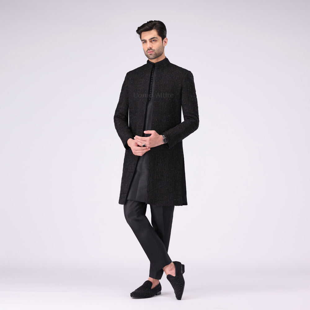 
                  
                    Majestic Open Front Black Sherwani  For Groom With Fully Embilshment
                  
                